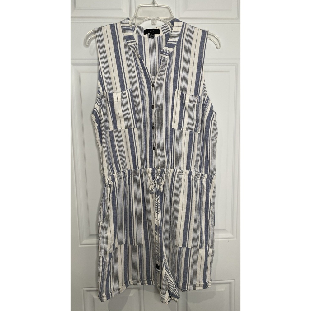 Kelly Renee Women's Large Sleeveless Linen Blend Romper Blue White Stripes